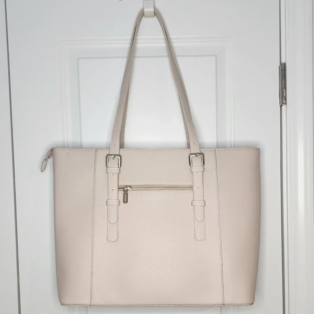 LOVEVOOK Pink-Beige Laptop Tote Bag Vegan Leather Work Bag Gold Hardware Large
